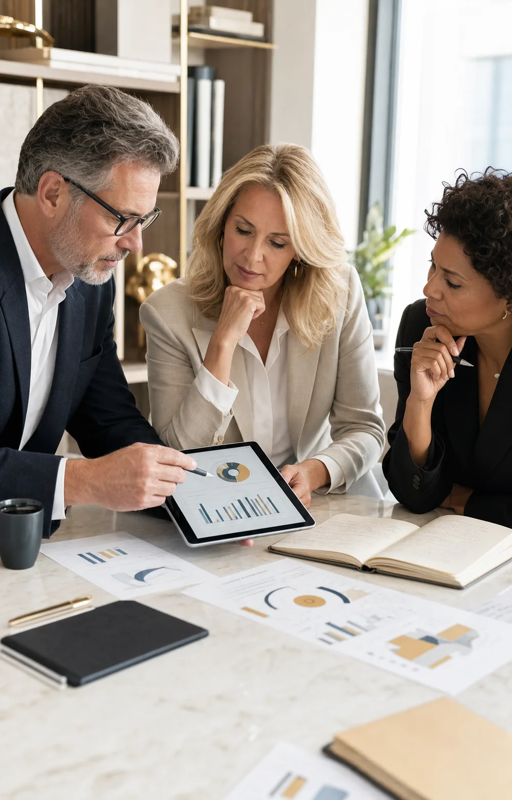 Executivos analisando dados e tendências de mercado
